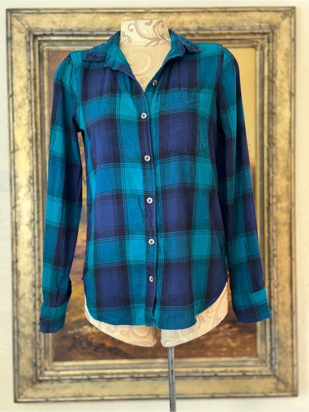 SO Cozy Blue Grungey Plaid 100% Cotton Flannel Button up